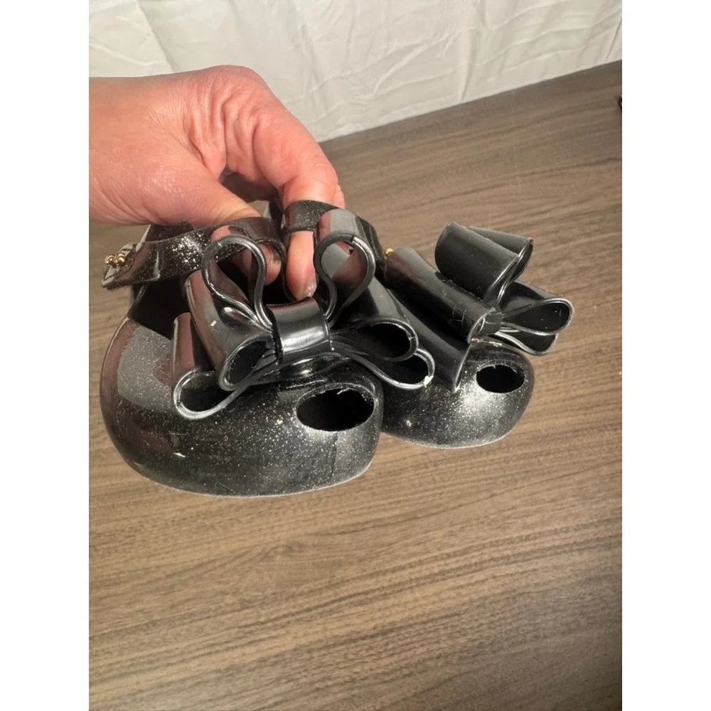 Mini Melissa Toddler Girls Black‎ Glitter Jelly Bow Shoes Mary Jane Size 8